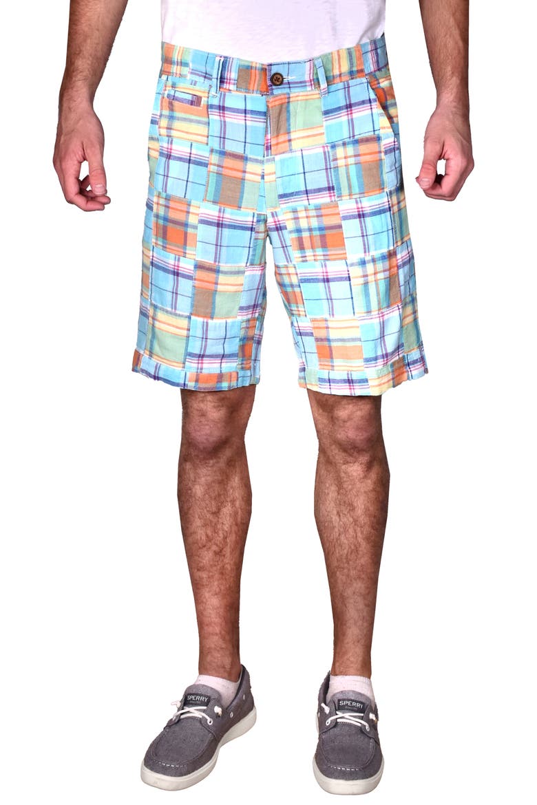 Acid Wash Patch Madras Shorts, Main, color, SKY BLUE