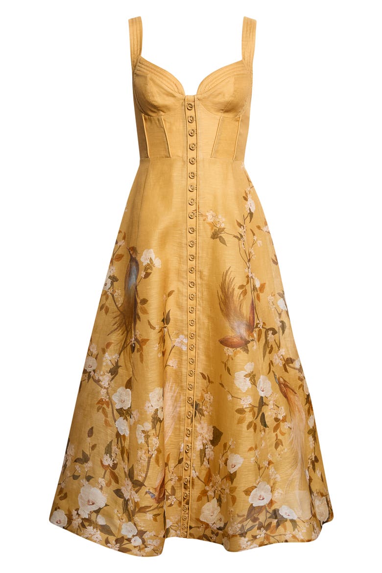 Momentum Floral Corded Linen & Silk Organza Midi Dress, Alternate, color, GOLD BIRD FLORAL
