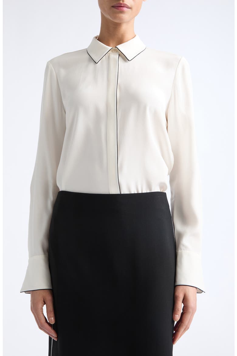 Scottie Contrast Piping Silk Button-Up Shirt, Alternate, color, CLOUD
