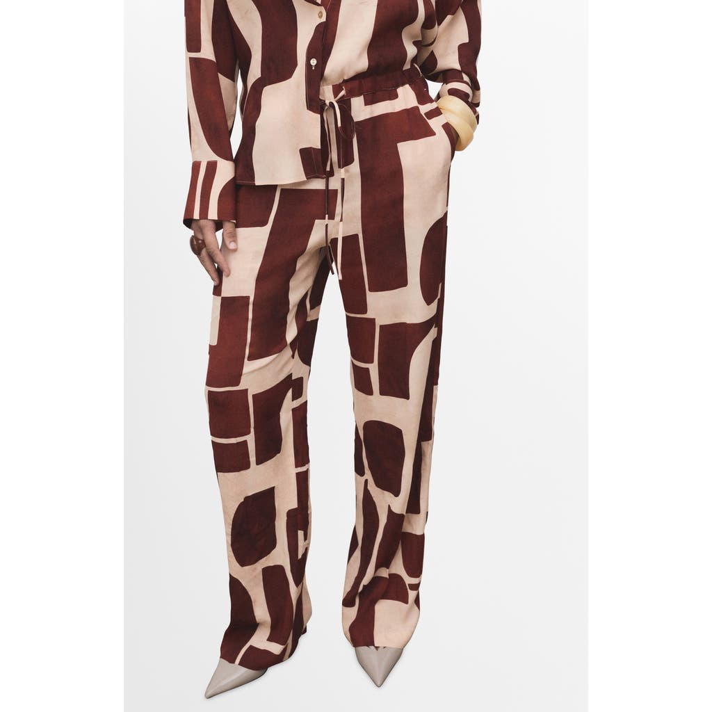 Mango Geometric Print Wide Leg Drawstring Pants In Brown