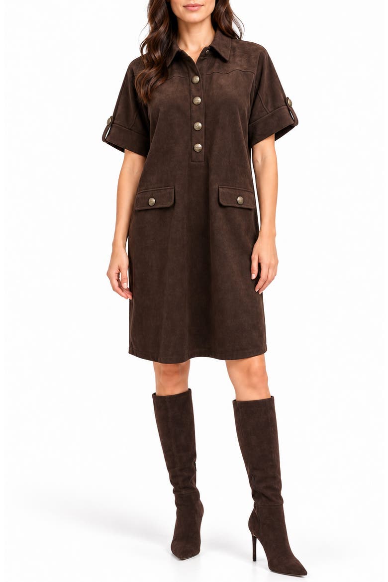 Faux Suede Henley Shirtdress, Main, color, COFFEE BEAN