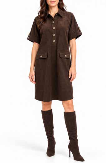 Faux Suede Henley Shirtdress