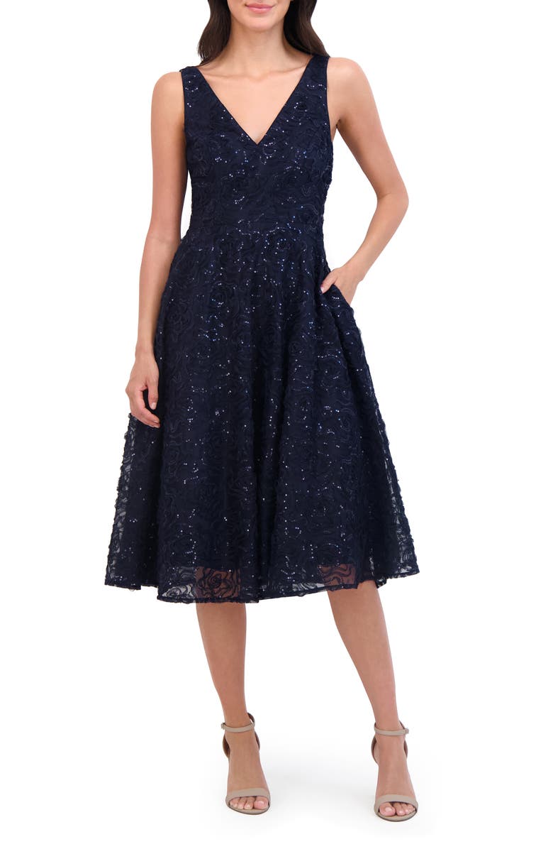 Eliza J Sequin Sleeveless Midi Fit & Flare Dress, Main, color, 