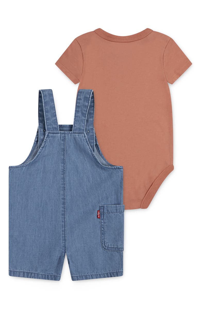 Levi's Bear Applique Bodysuit & Denim Shortalls Set, Alternate, color, Twany Orange
