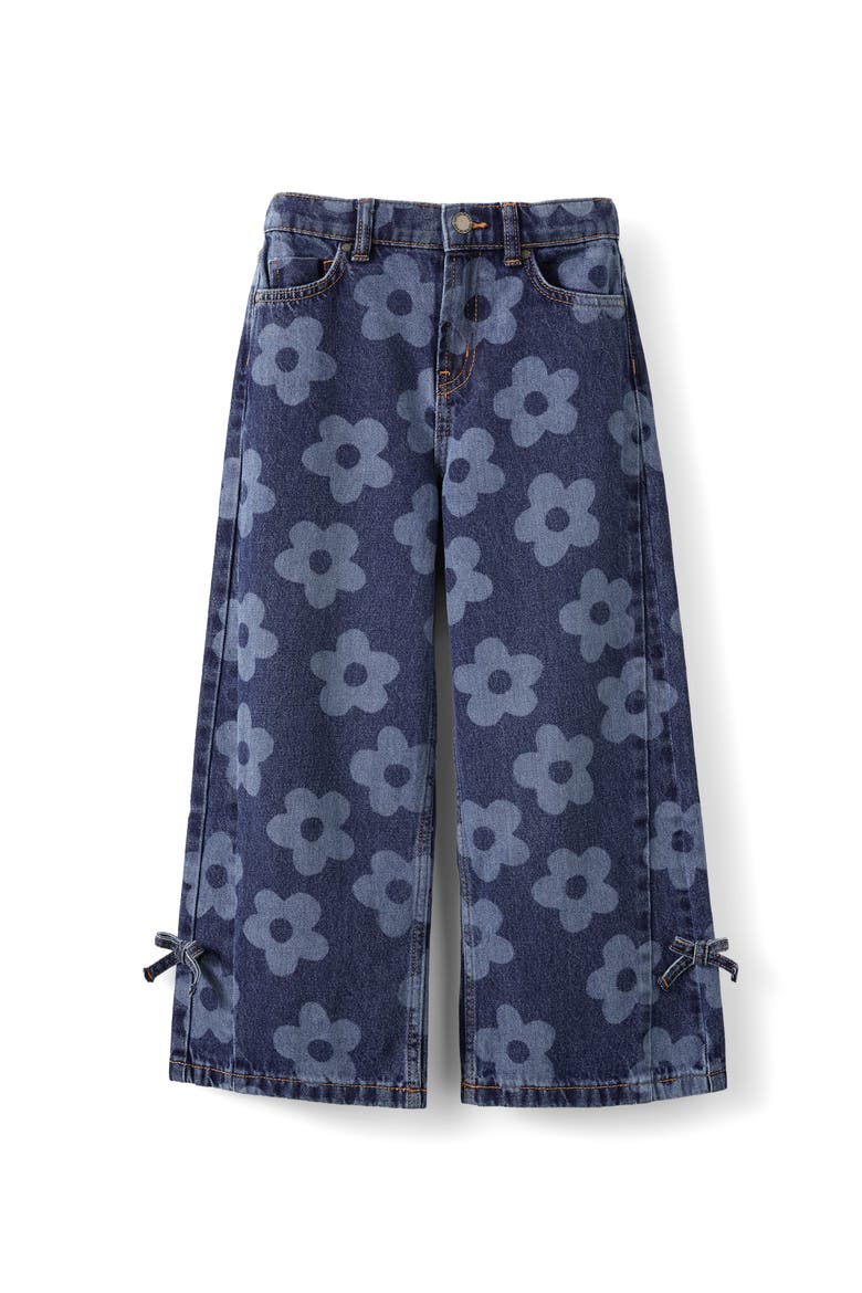 Kid's Super Wide Leg Denim Jean, Main, color, Portsea Dark Blue Floral Bow