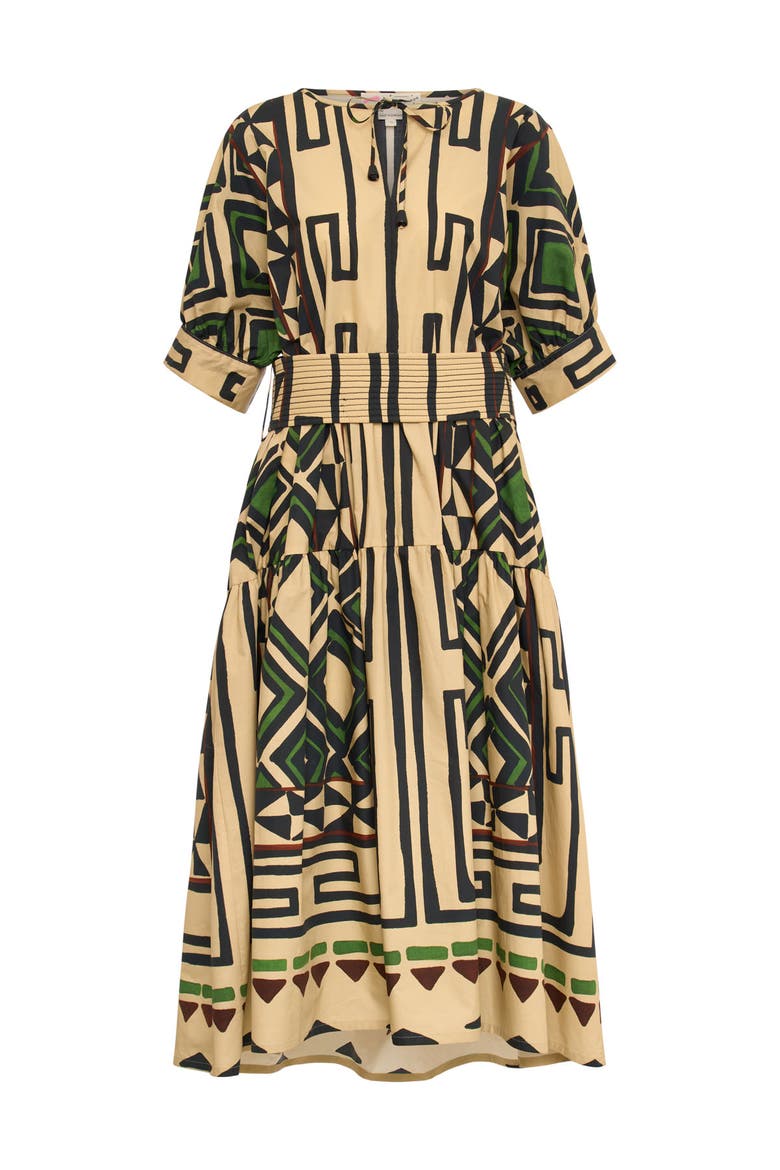 Printed Long Cotton Dress With Belt, Main, color, Sand / Black