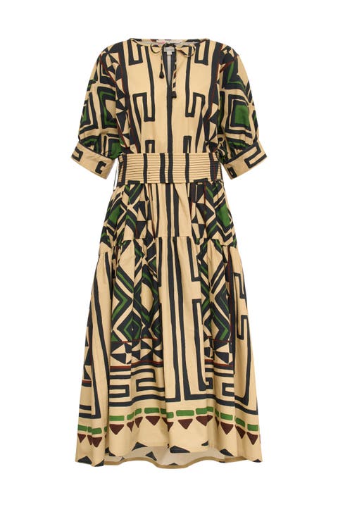 Printed Long Cotton Dress With Belt