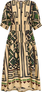 Maison Common Printed Long Cotton Dress With Belt