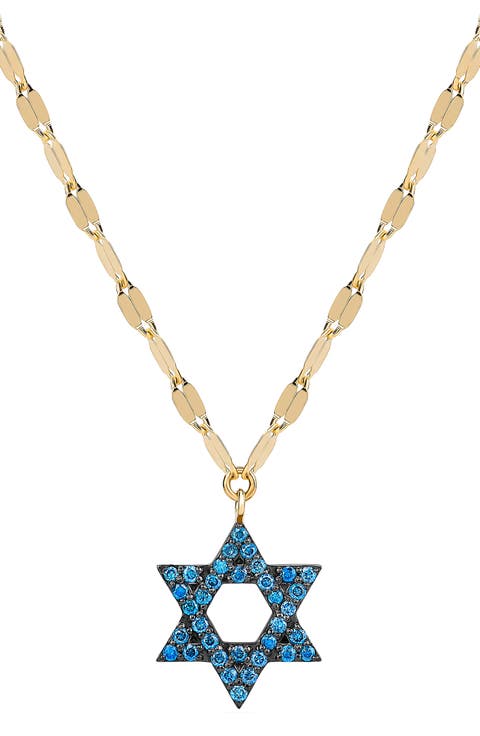 14k Gold Blue Diamond Star of David Pendant Necklace