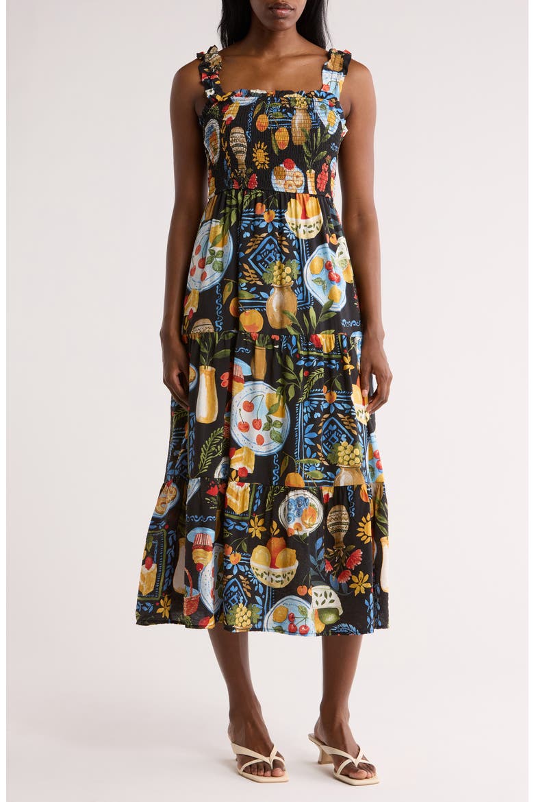 Mixed Print Smocked Tiered Midi Dress, Main, color, BLACK MULTI