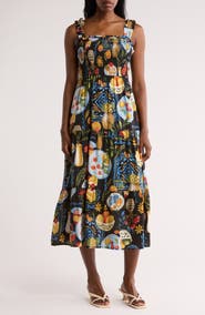 AUGUST SKY Mixed Print Smocked Tiered Midi Dress