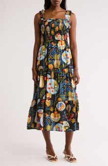 AUGUST SKY Mixed Print Smocked Tiered Midi Dress