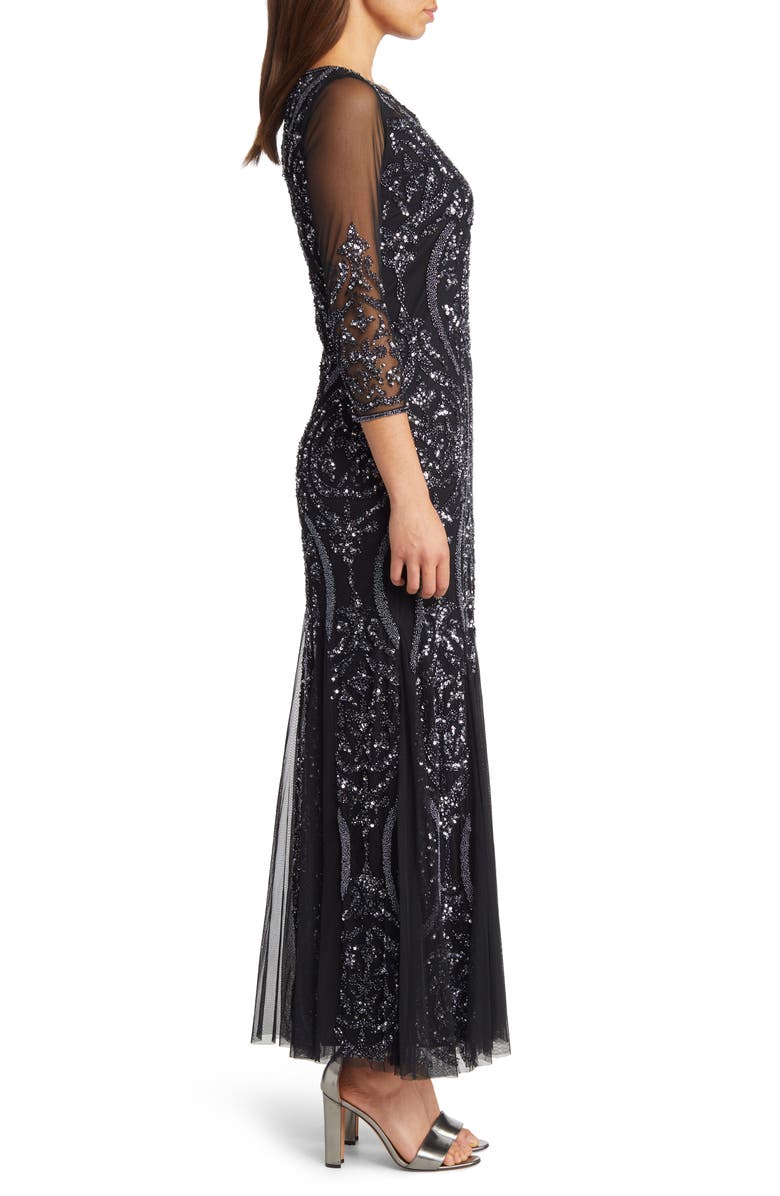 Pisarro Nights Sequin Beaded Illusion Mesh Three-Quarter Sleeve Gown, Alternate, color, 