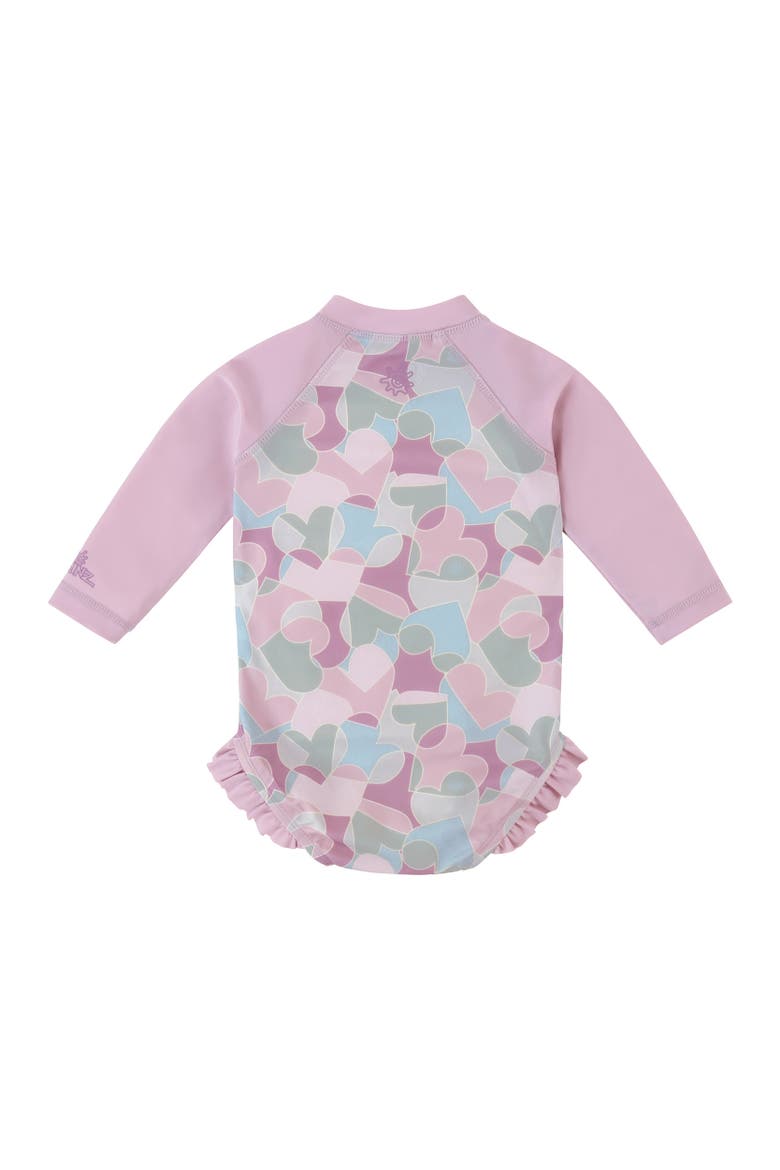 Long Sleeve Ruffle Legged Swim Suit, Alternate, color, Puzzle Hearts
