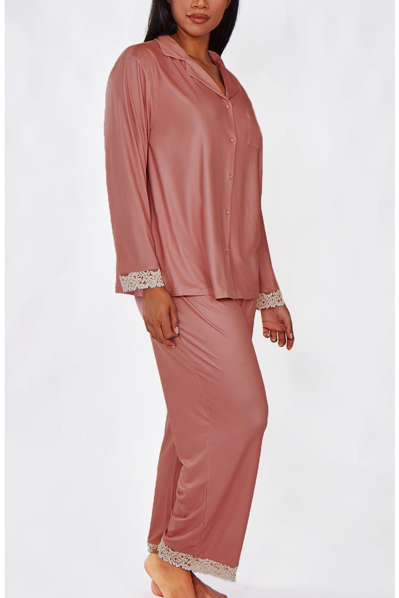 Lace-Trimmed Brushed Knit Pajama Set, Alternate, color, Mauve