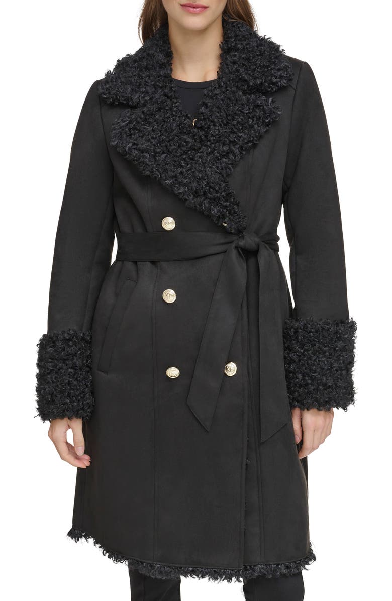 KARL LAGERFELD PARIS Faux Shearling Double Breasted Coat, Alternate, color, 