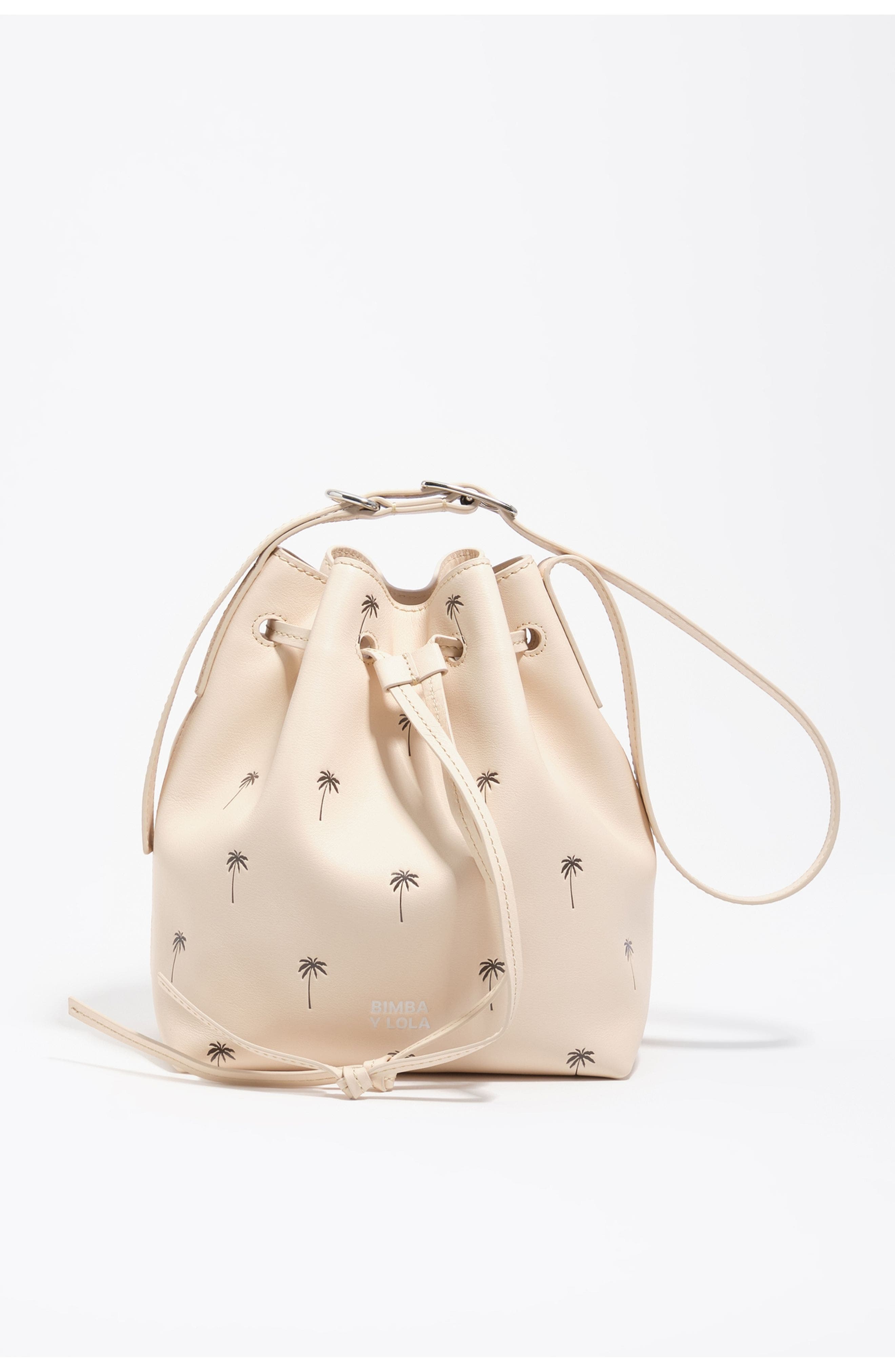 Bimba y Lola Large Palms Print Leather Carlino Bucket bag, Main, color, Sand