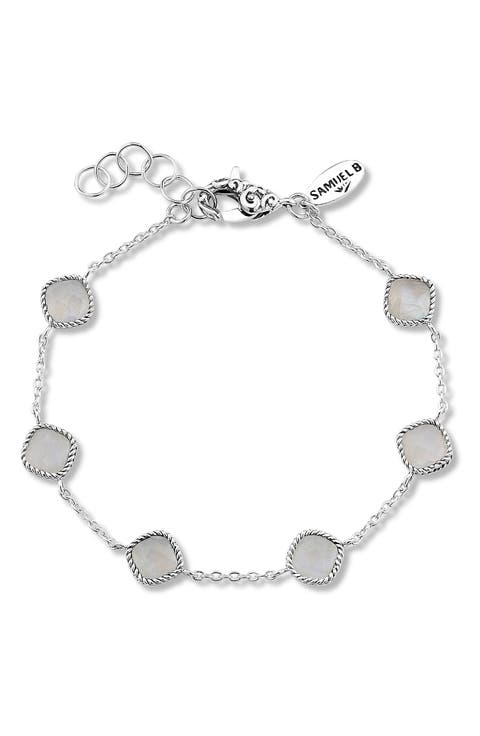 Sterling Silver Cushion Cut Semi-Precious Stone Station Bracelet
