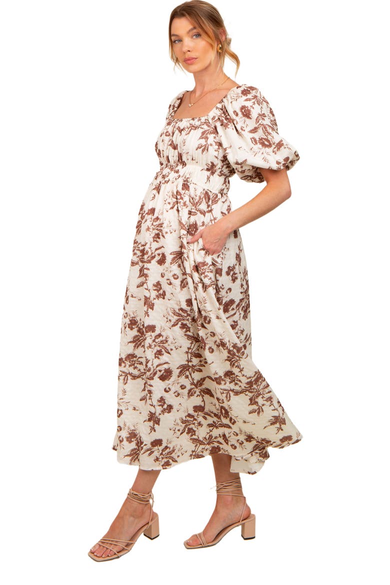 Floral Puff Sleeve Midi Dress, Main, color, Brown