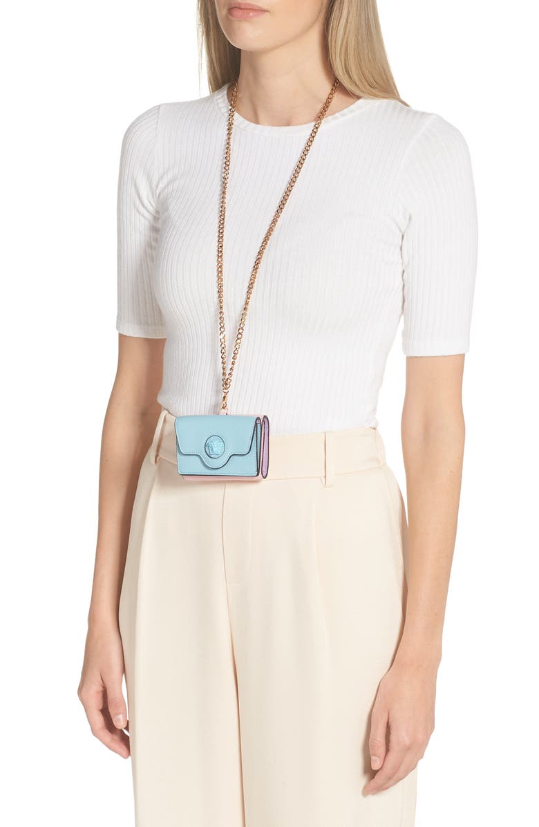 Versace Mini La Medusa Leather Wallet on a Chain, Alternate, color, 