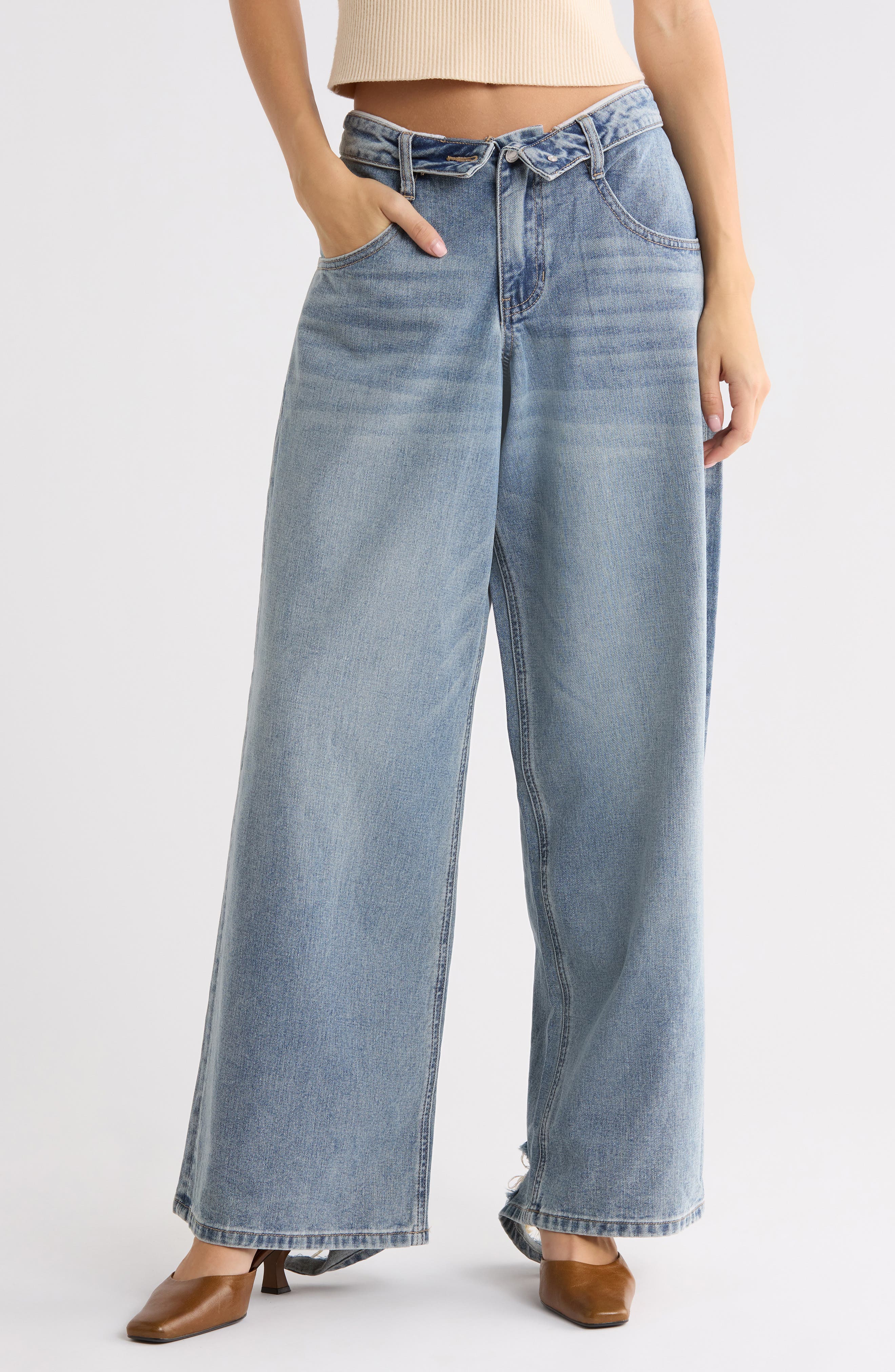 Foldover Waist Drop Crotch Wide Leg Jeans
