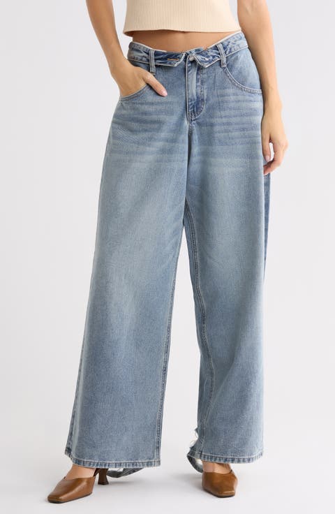 Foldover Waist Drop Crotch Wide Leg Jeans