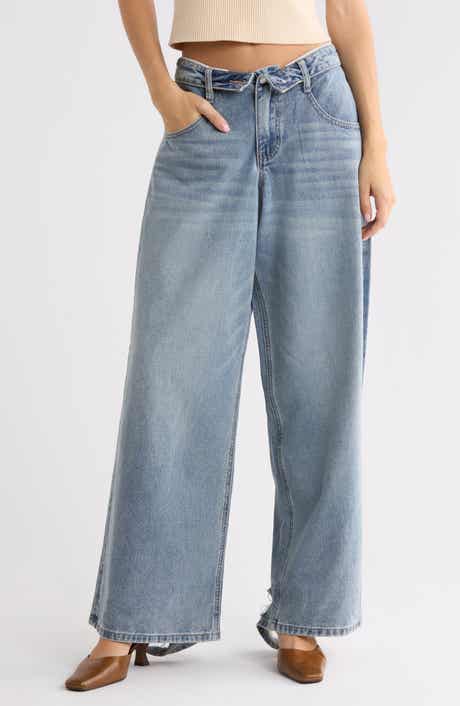 Foldover Waist Drop Crotch Wide Leg Jeans