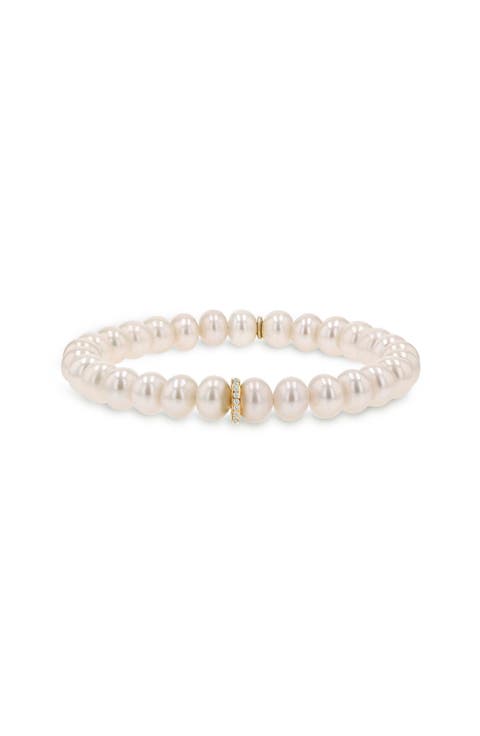 14K Pearl 8MM Bead Bracelet With Diamond Rondelle
