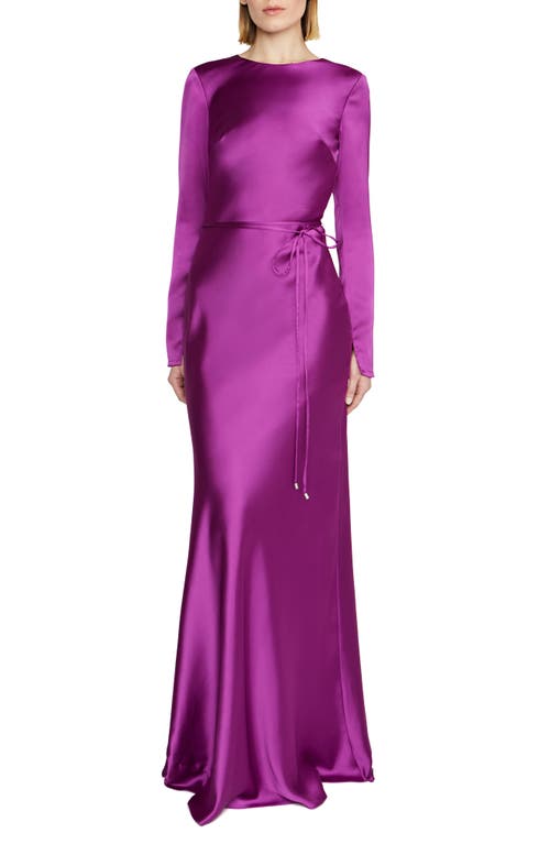 ML Monique Lhuillier Marie Tie Waist Long Sleeve Satin A-Line Gown in Mulberry