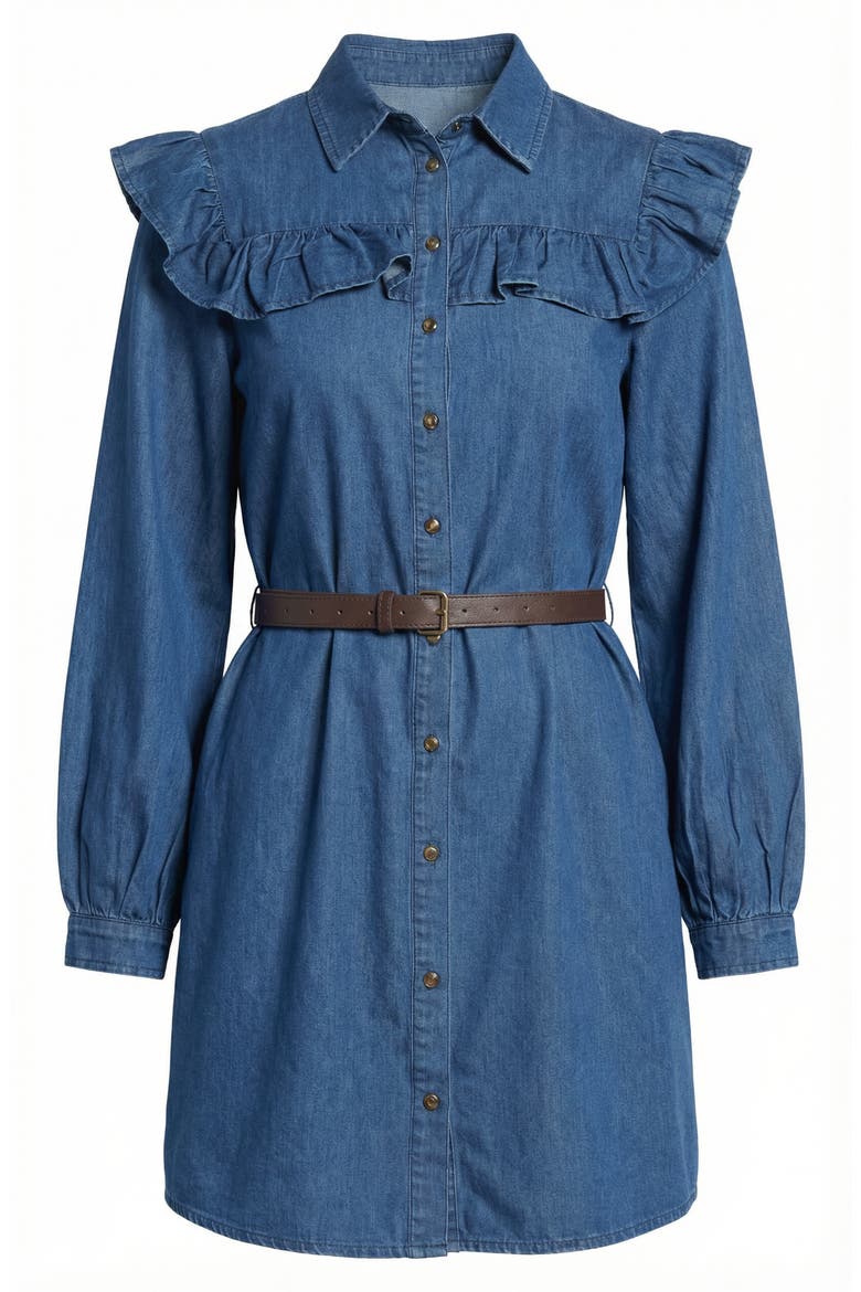 Denim Ruffle Collar Shirt Dress, Alternate, color, Indigo