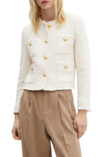 Mango Pocket Tweed Jacket In White