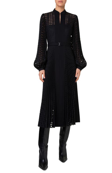 Mixed Media Circle Grid Pleated Long Sleeve Midi Dress
