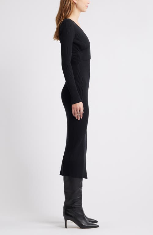 Open Edit Luxe Long Sleeve Sculpt Rib Faux-wrap Dress In Black