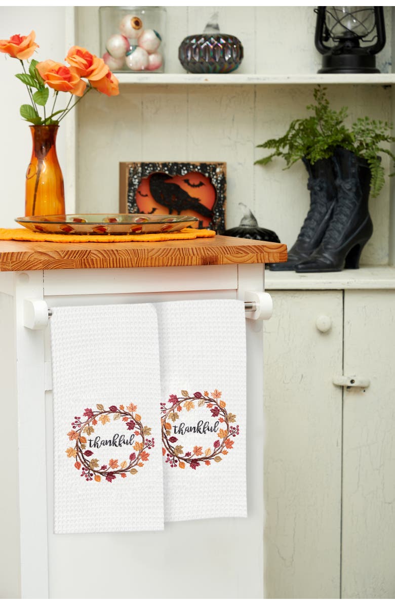 C&F Home Thankful Wreath Embroidered Waffle Weave Kitchen Towel, Alternate, color, White