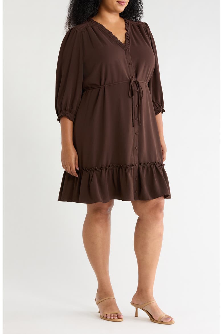 Ruffle Trim Button-Up Dress, Alternate, color, COFFEE BEAN