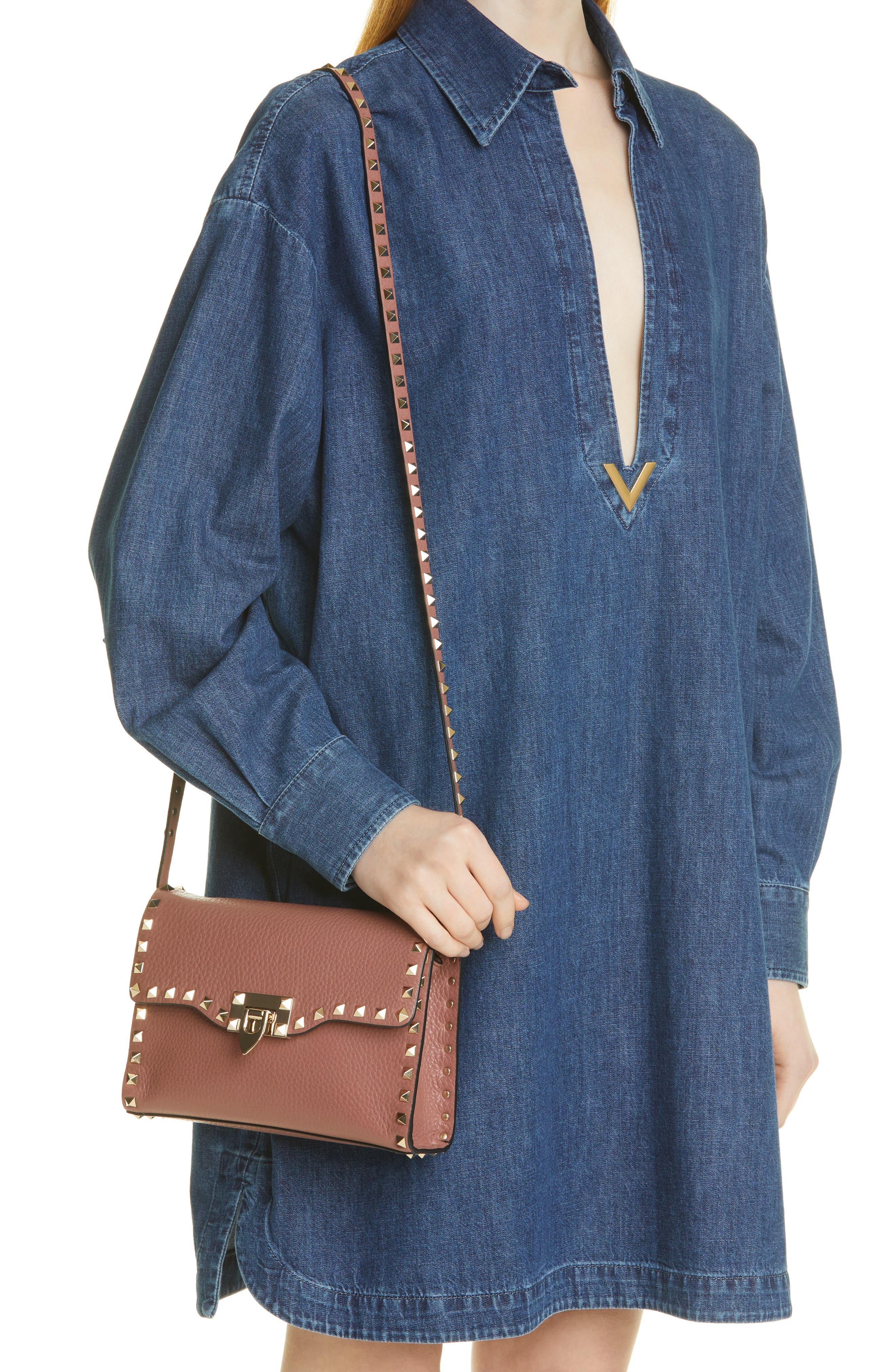Small Rockstud Leather Shoulder Bag, Alternate, color, NUDE