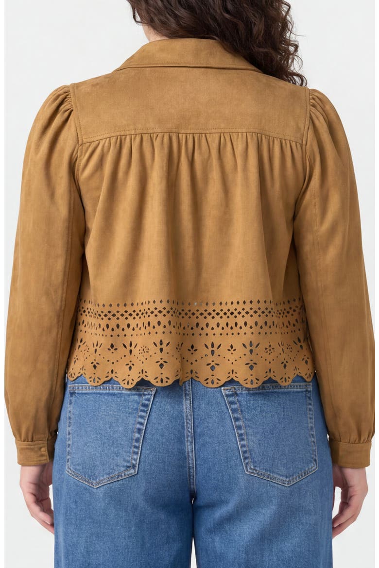 Puff Sleeve Laser Cutout Jacket, Alternate, color, CARAMEL
