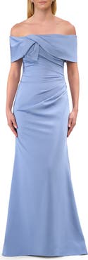 La Femme Off-the-Shoulder Gown with Draped Bow Detail