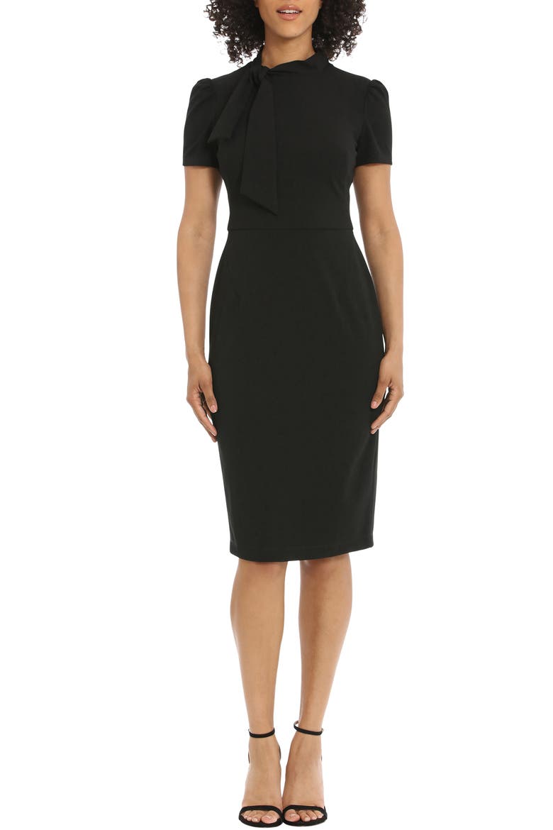 Tie Neck Puff Sleeve Scuba Crepe Dress, Main, color, BLACK