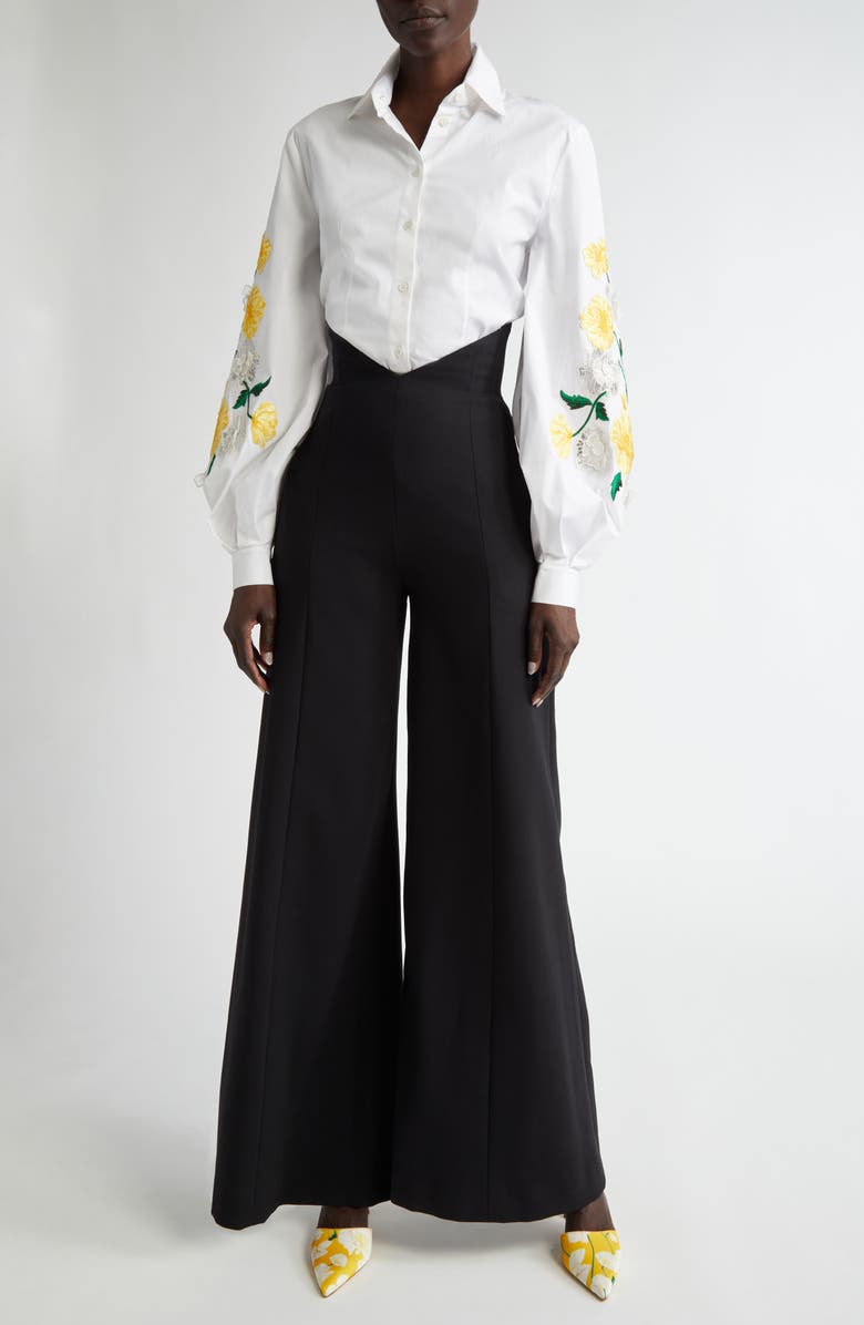 Carolina Herrera Embroidered Sleeve Stretch Cotton Button-Up Shirt, Alternate, color,