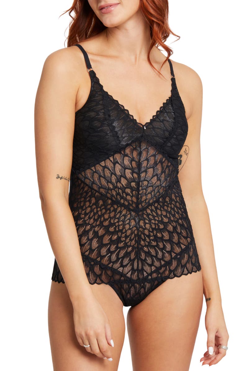 Montelle Intimates Lacy Cutout Bodysuit, Alternate, color, Black