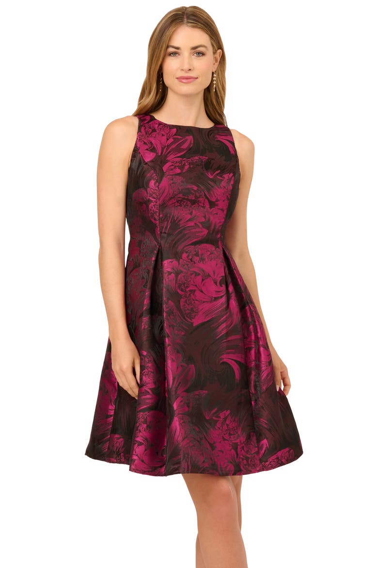 Floral Jacquard Back Cutout Cocktail Dress, Alternate, color, MAGENTA/ BLACK
