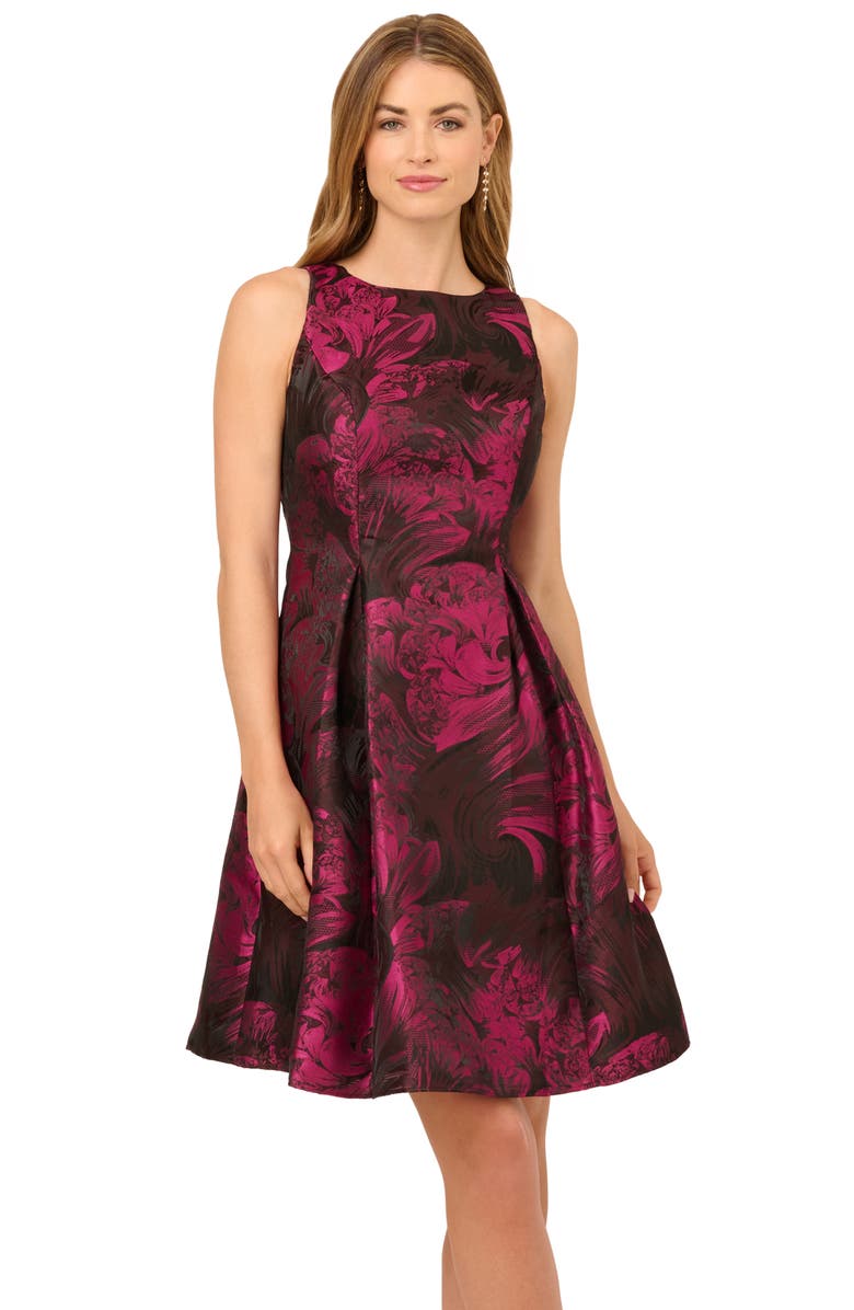 Adrianna Papell Floral Jacquard Back Cutout Cocktail Dress, Alternate, color, Magenta/ Black