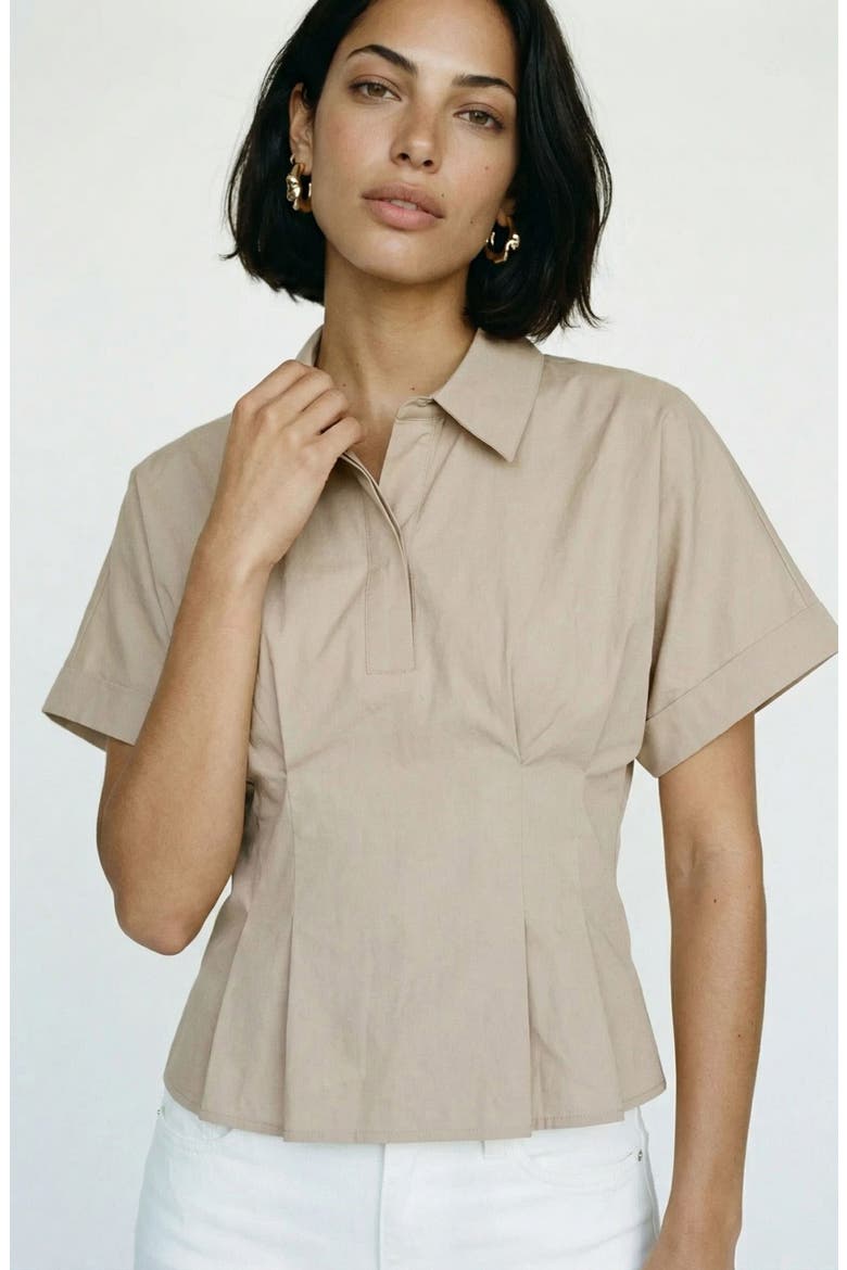 Pleated Button Half Placket Peplum Hem Shirt, Alternate, color, CEMENT