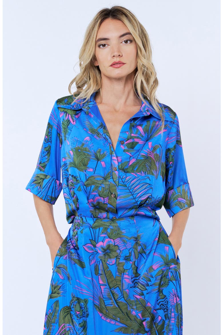 Aurelia Palm Print Elbow Sleeve Button-Up Shirt, Alternate, color, BLUE MULTI