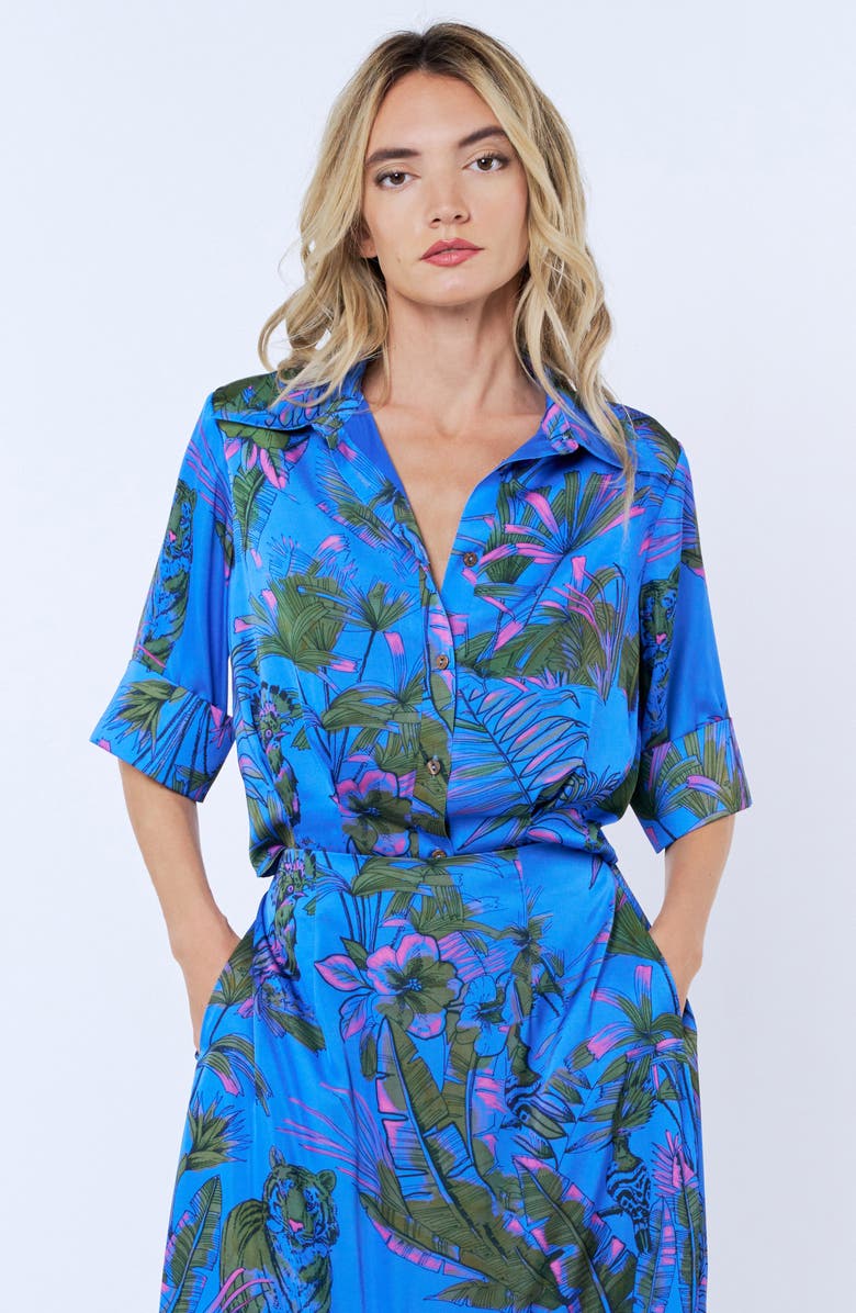 CIEBON Aurelia Palm Print Elbow Sleeve Button-Up Shirt, Alternate, color, Blue Multi