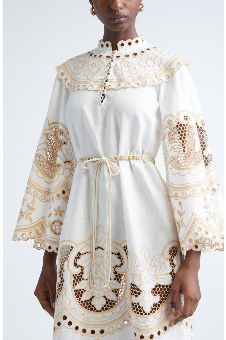 Scalloped Eyelet Trim Belted Linen Midi Dress, Alternate, color, IVORY
