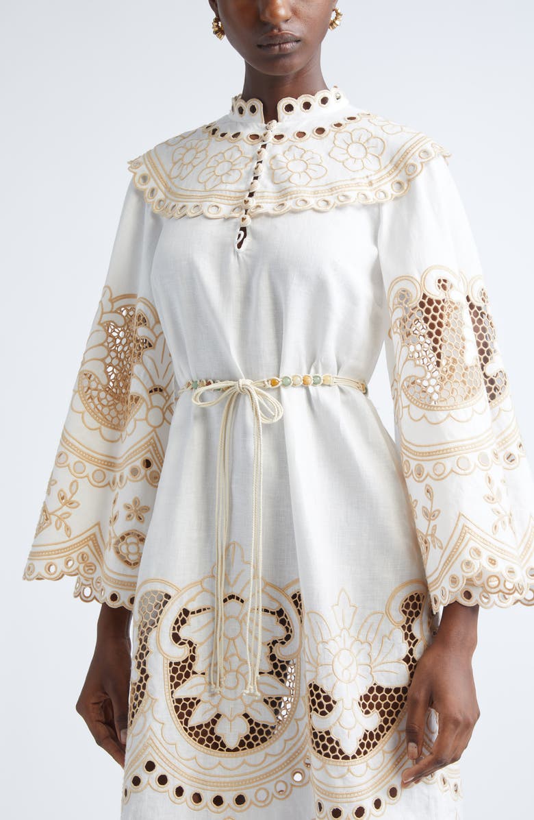 Zimmermann Scalloped Eyelet Trim Belted Linen Midi Dress, Alternate, color, Ivory