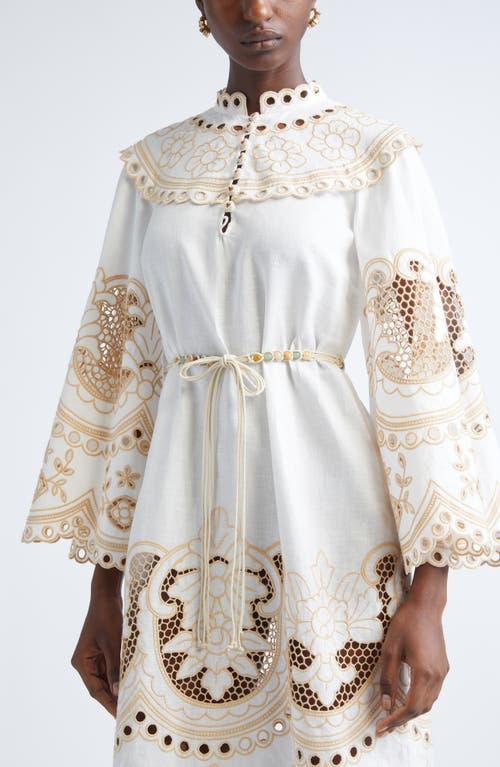 Zimmermann Scalloped Eyelet Trim Belted Linen Midi Dress In White