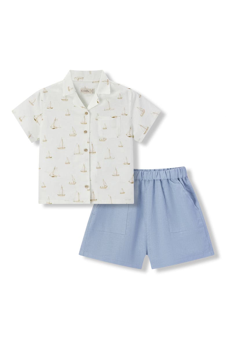 Linen Buttonup Shirt And Shorts Set, Main, color, Sailboat Melody
